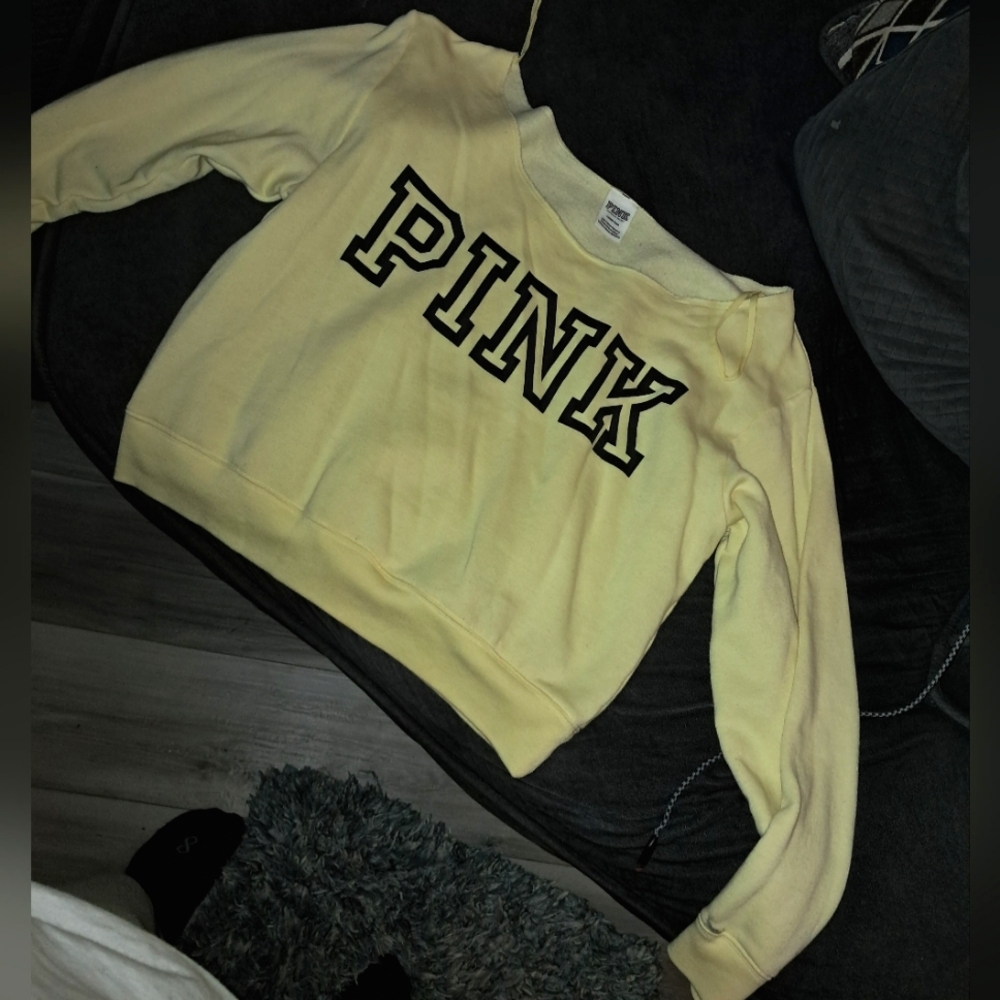 pink off shoulder sweat shirt large yellow